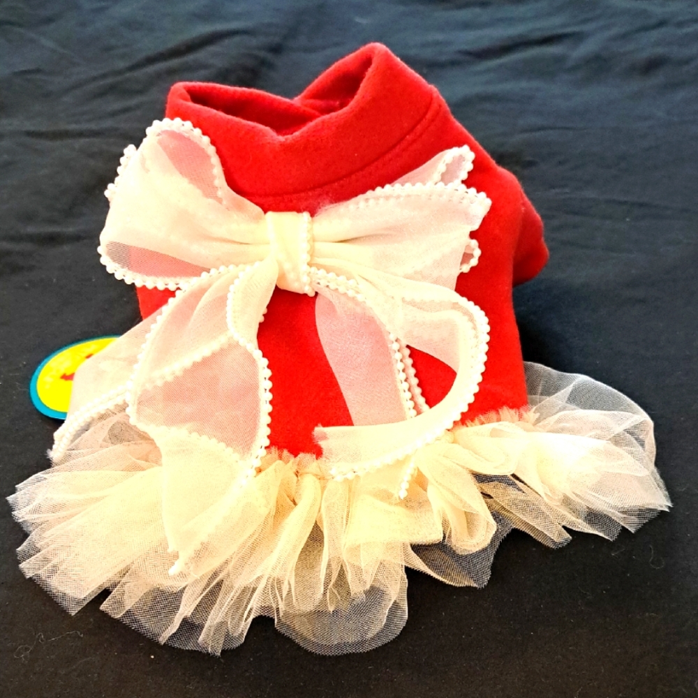 Red Dog Dress with White Bow and Tulle